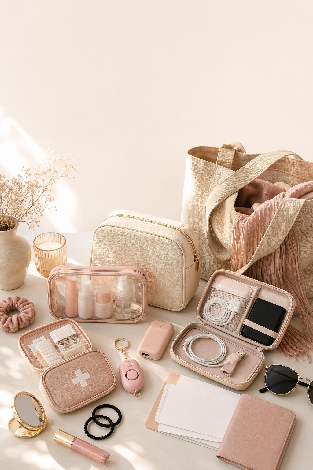 Aesthetic girl survival kit lifestyle setup with travel, safety, and self-care essentials